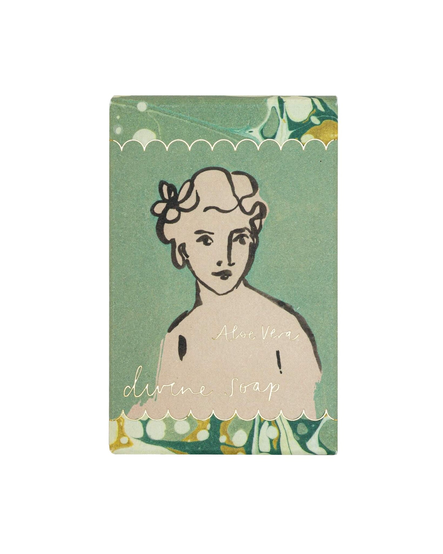 Bar of soap with a vintage-style illustration of a woman on a green background