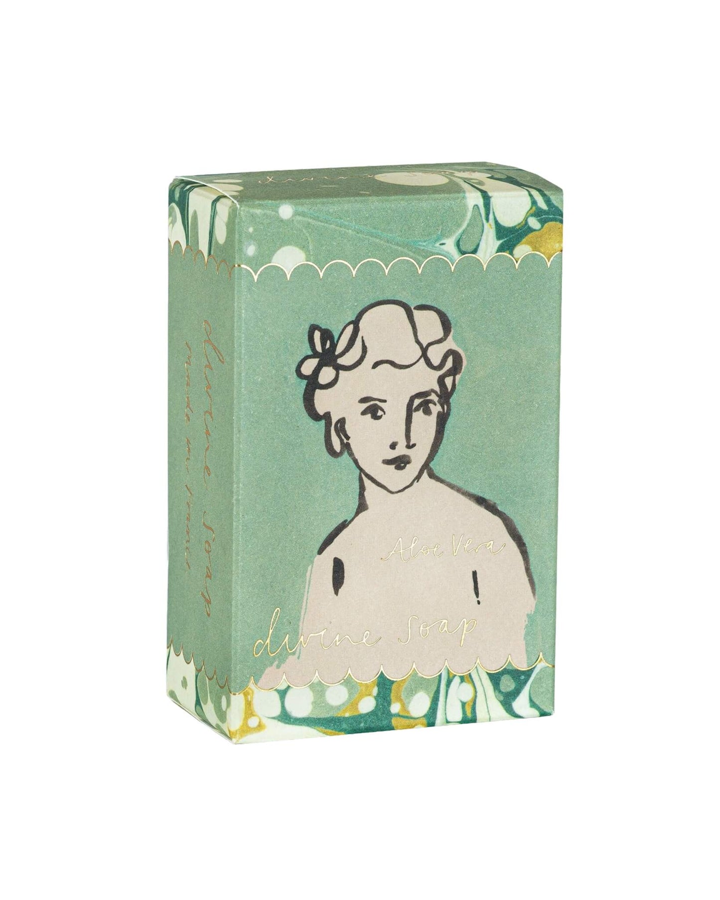 Box of soap with vintage-style illustration of a woman on a green background
