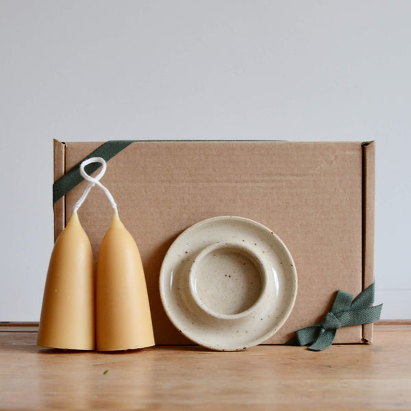 Beeswax pillar candles and ceramic candle holder, gift box.