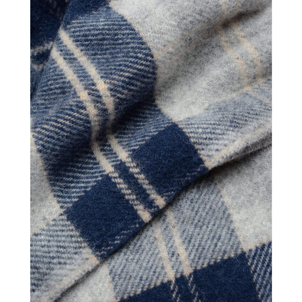 Close up of British Pure Wool Check Blanket Navy and Silver Grey