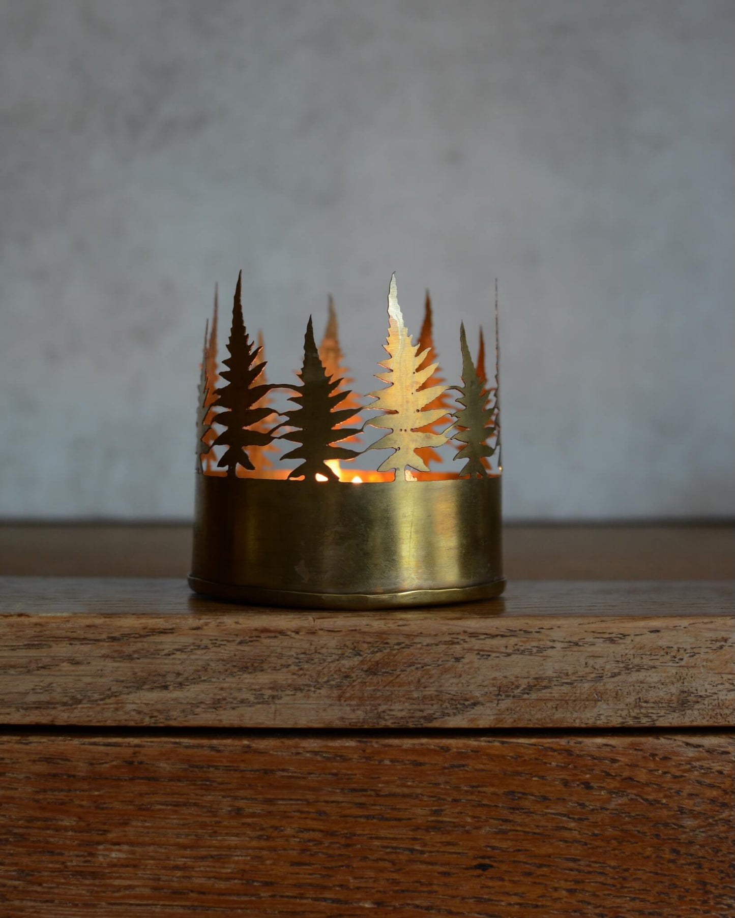 Brass candle holder with cut-out tree design on a wooden surface.