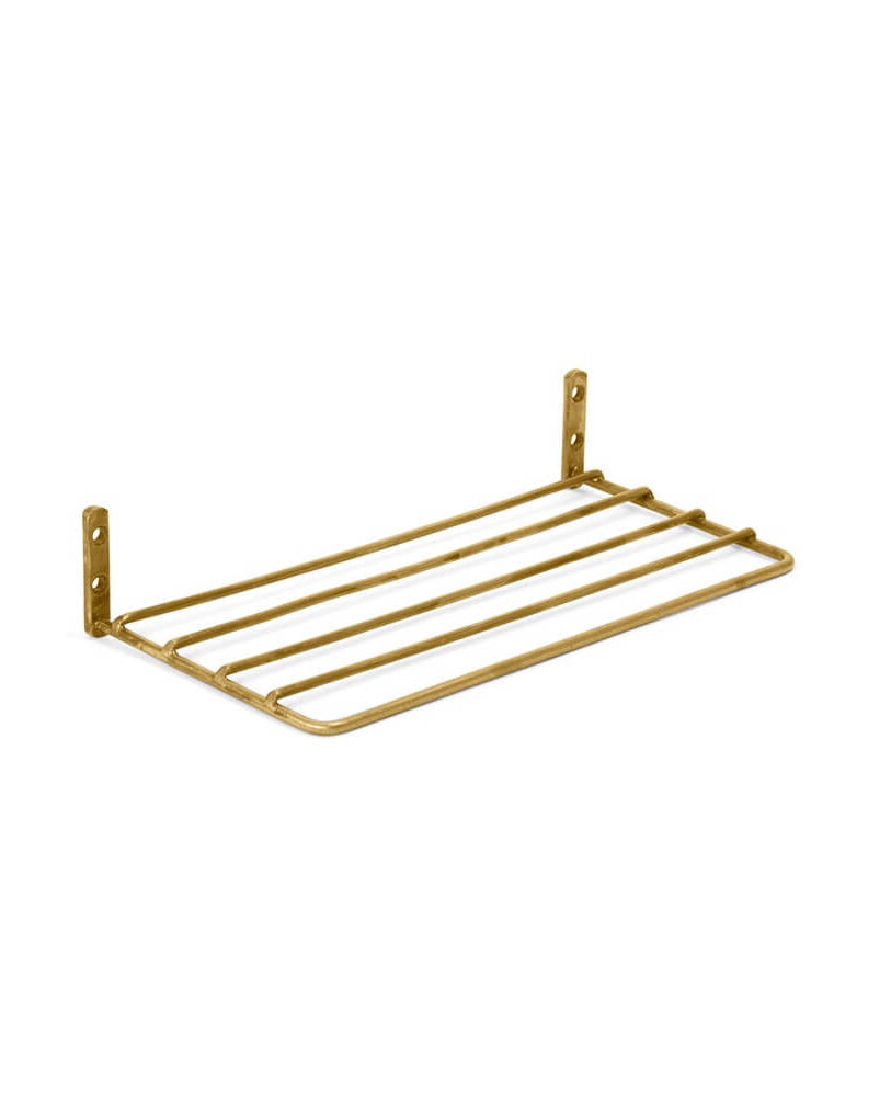 A solid brass wire wall shelf for bathroom or kitchen storage.