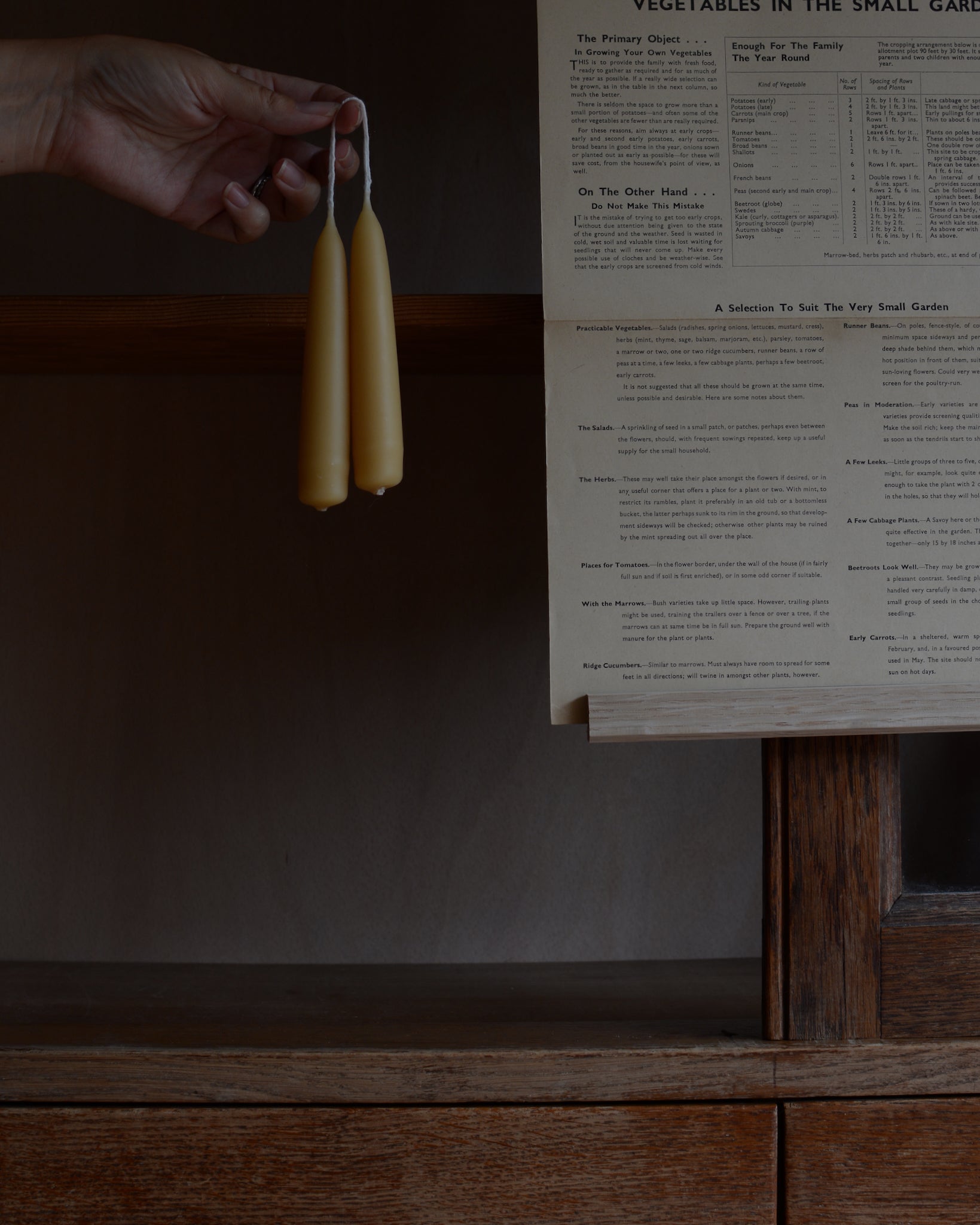 Hand holding a pair of pure beeswax short taper candles.