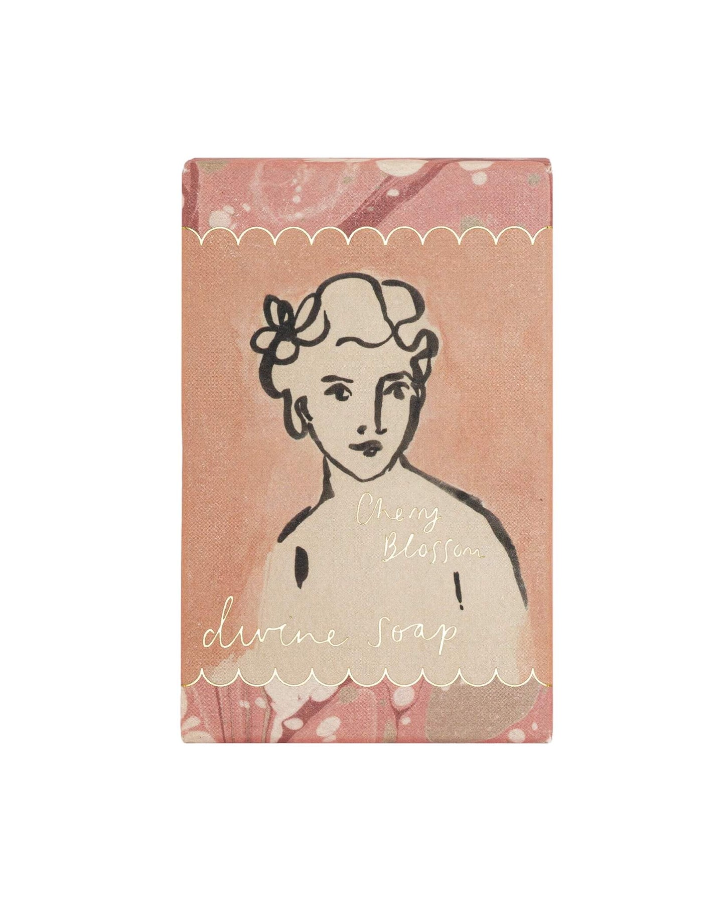 Soap packaging with a vintage-style illustration of a woman on a pink background