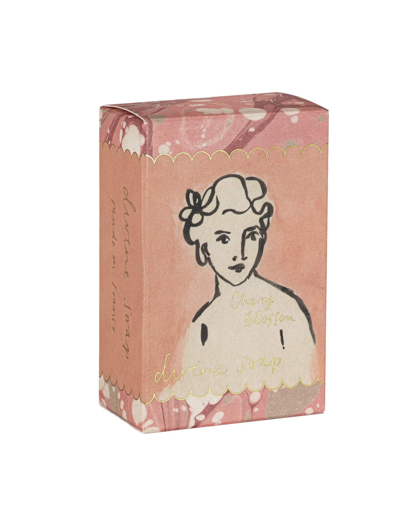 Pink soap packaging with a vintage-style illustration of a woman on a white background