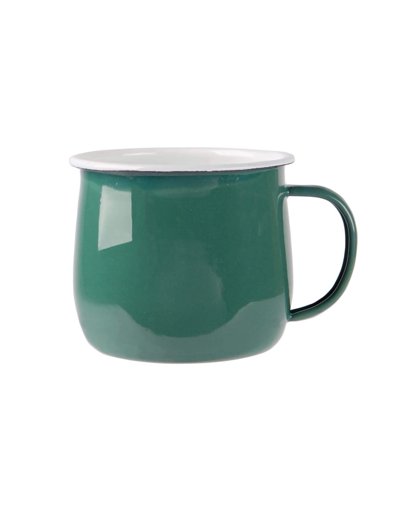A green enamel mug on a white background.