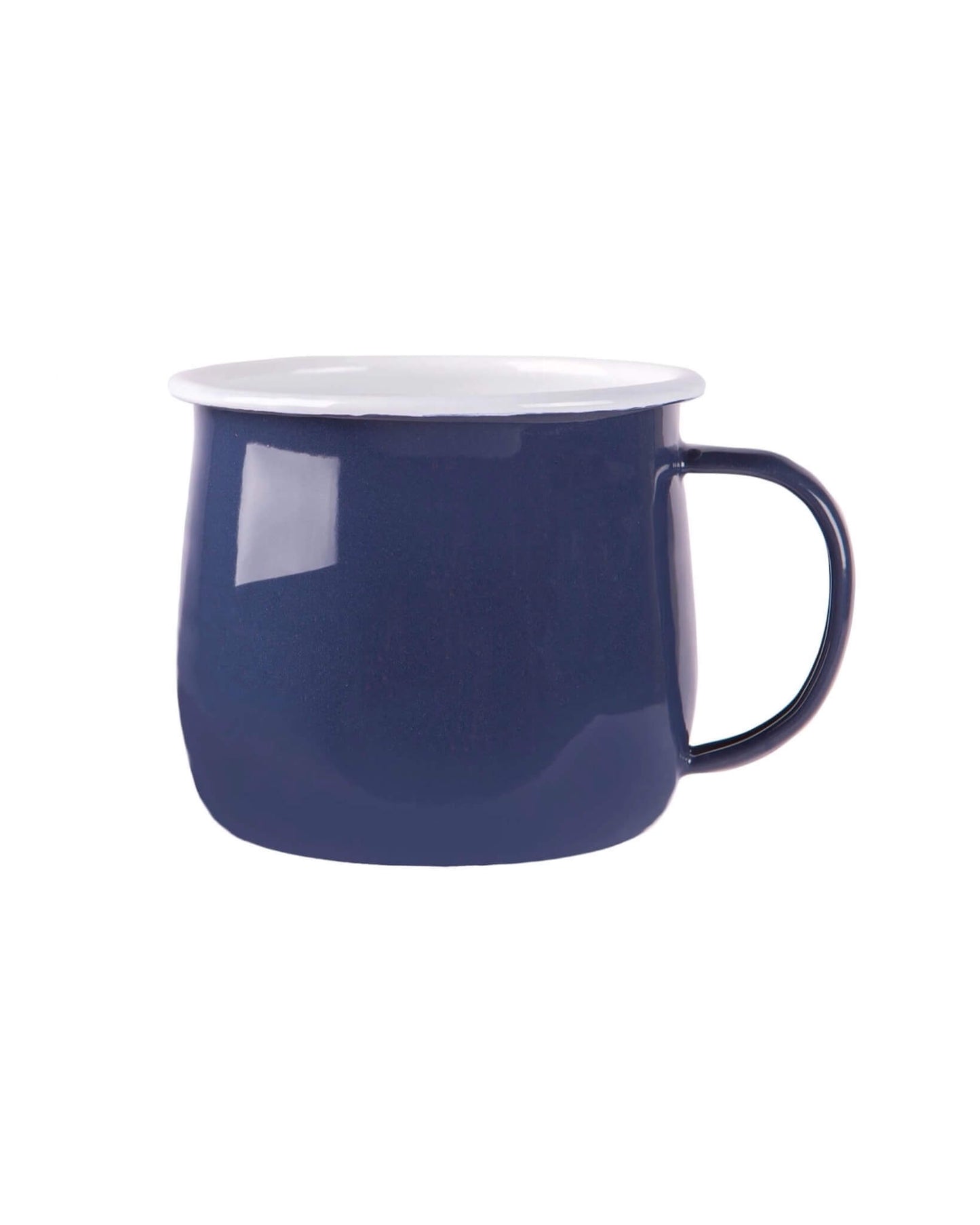 A navy blue enamel mug.