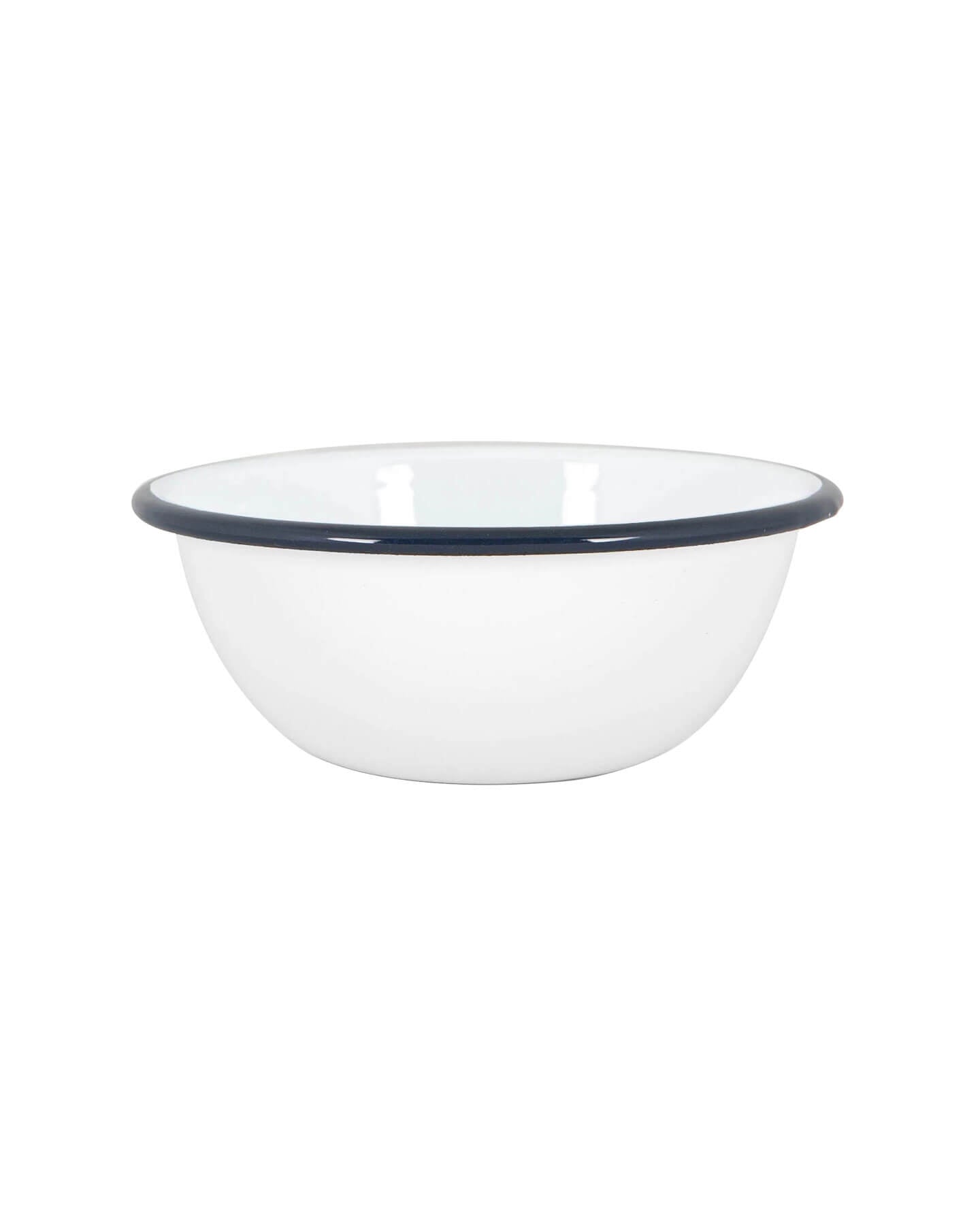 White and navy enamel bowl on a white background.