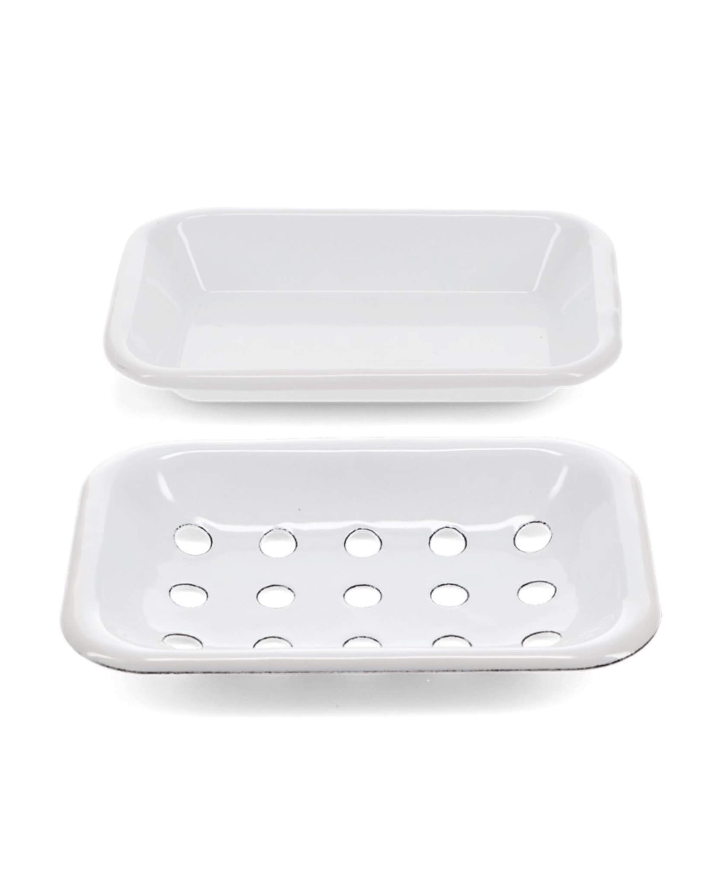 2 part white enamel soap dish, on a white background.