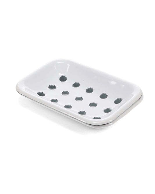White enamel soap dish with drip tray on a white background.