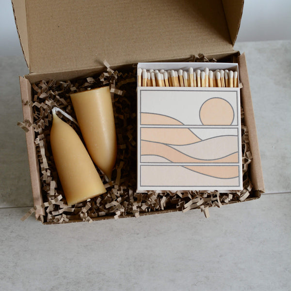 Beeswax candles and Archivist letterpress matches, gift box.