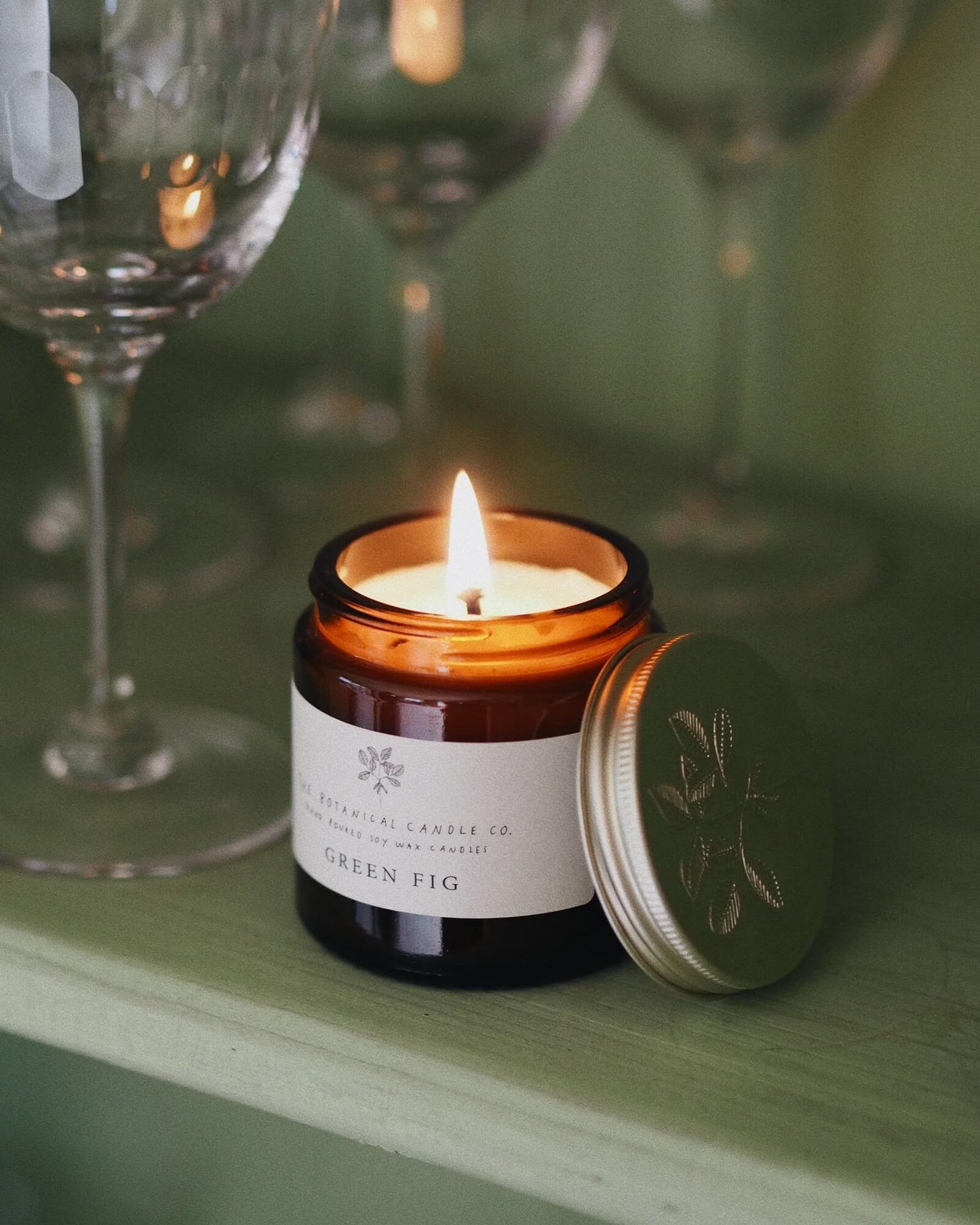 Green fig scented soy candle by The Botanical Candle Co.