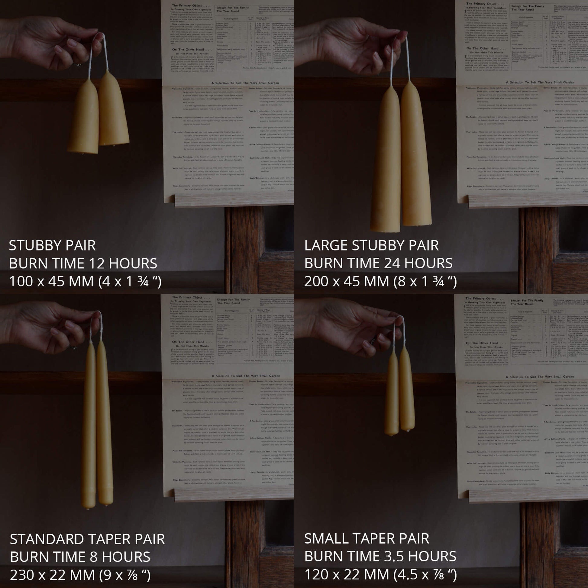 A collection of beeswax candles, with graphics alongside showing dimensions and burn times.