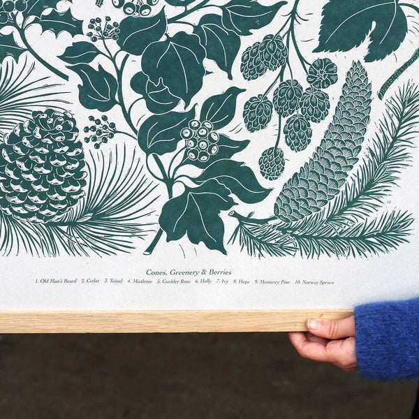 A close up of a botanical print in a deep blue/green ink, depicting seasonal Winter plants.