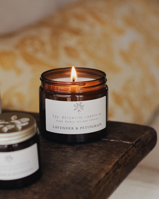 Lavender and Petitgrain scented soy wax candle by The Botanical Candle Co.