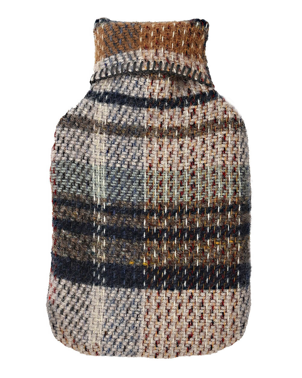 A recycled wool hot water bottle, on a white background.