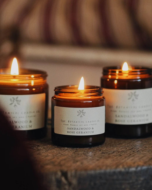 Sandalwood and Rose Geranium scented candle by The Botanical candle co.