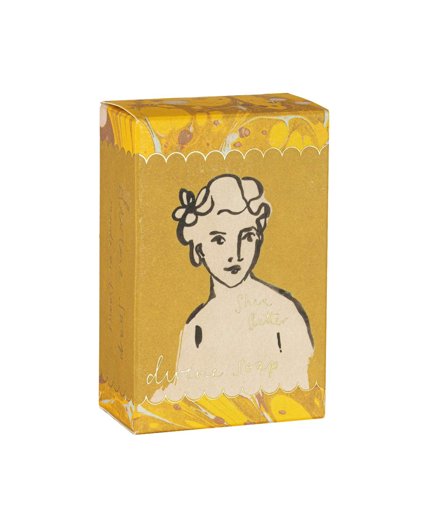 Yellow soap box with a stylised illustration of a woman on a white background