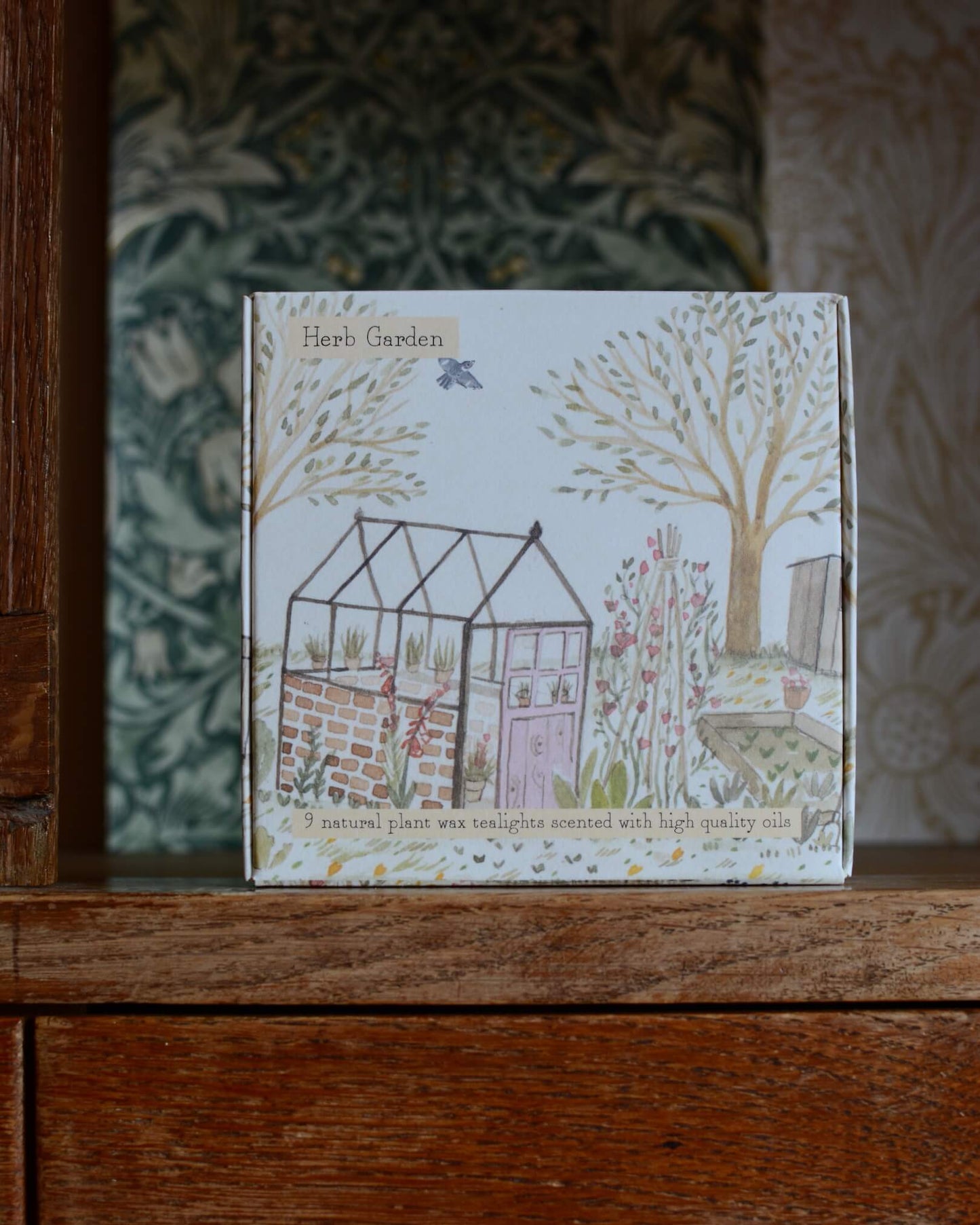 A box of tealights, with an illustrated box featuring a glasshouse within a summer garden.