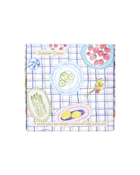 An illustrated box of tea lights, featuring an illustration of a summer tablescape.