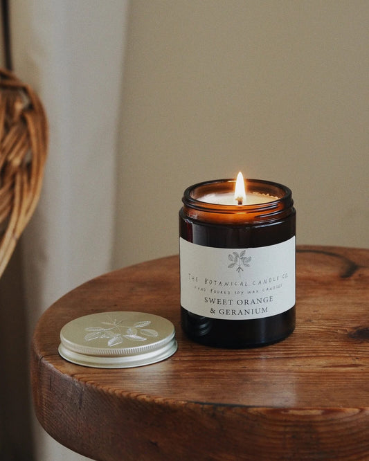 Sweet Orange and Geranium soy wax candle by The Botanical Candle Co.