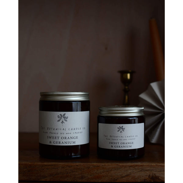 Sweet Orange and Geranium soy wax candle by The Botanical Candle Co. Small and medium sizes.