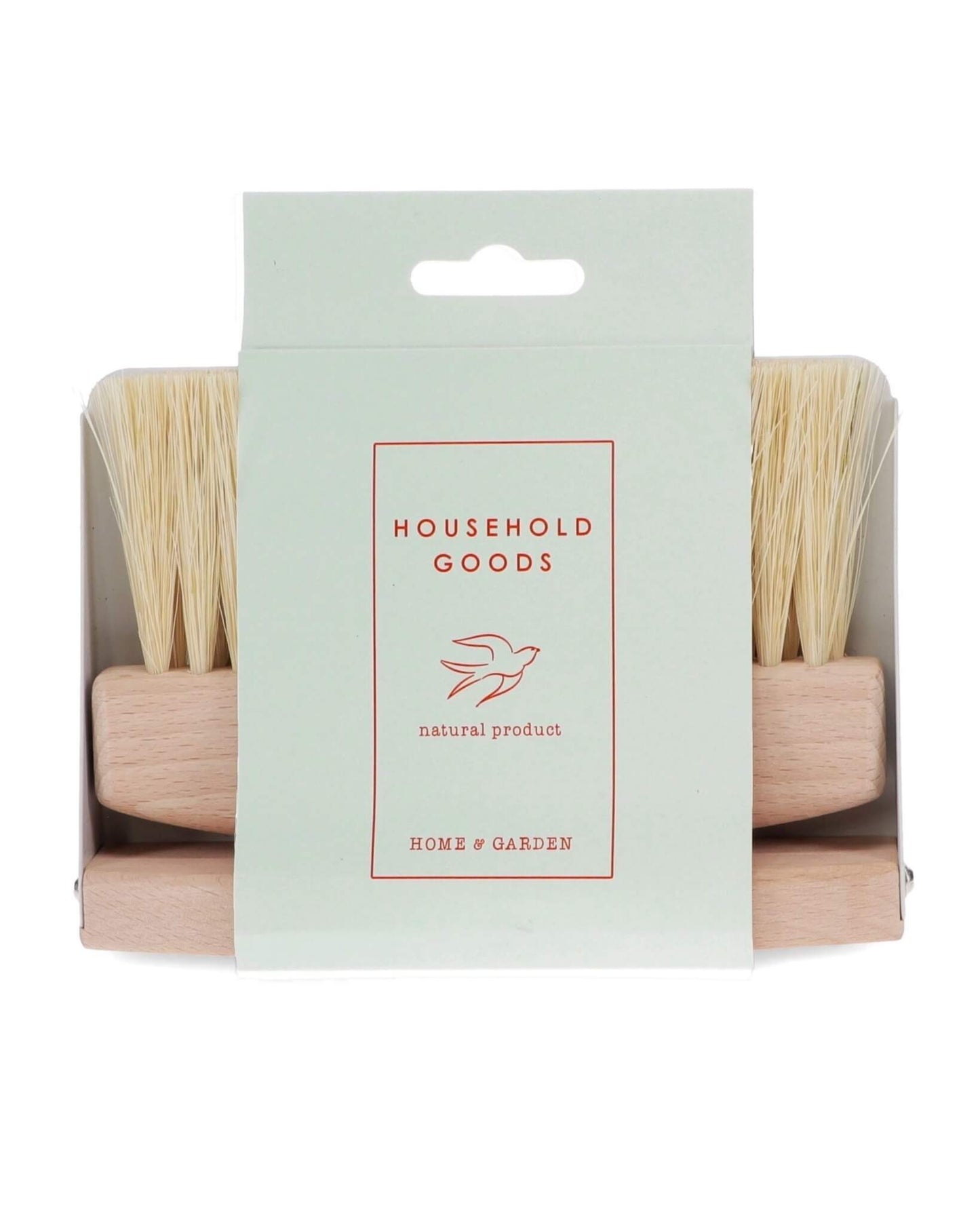 A wooden table brush and pan set, on a white background.