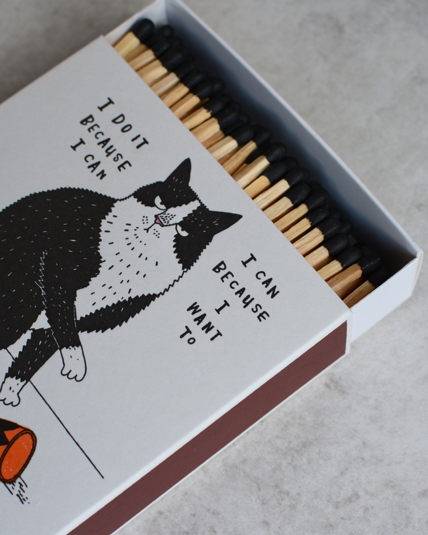 Matchbox with a cat illustration and text on a gray surface