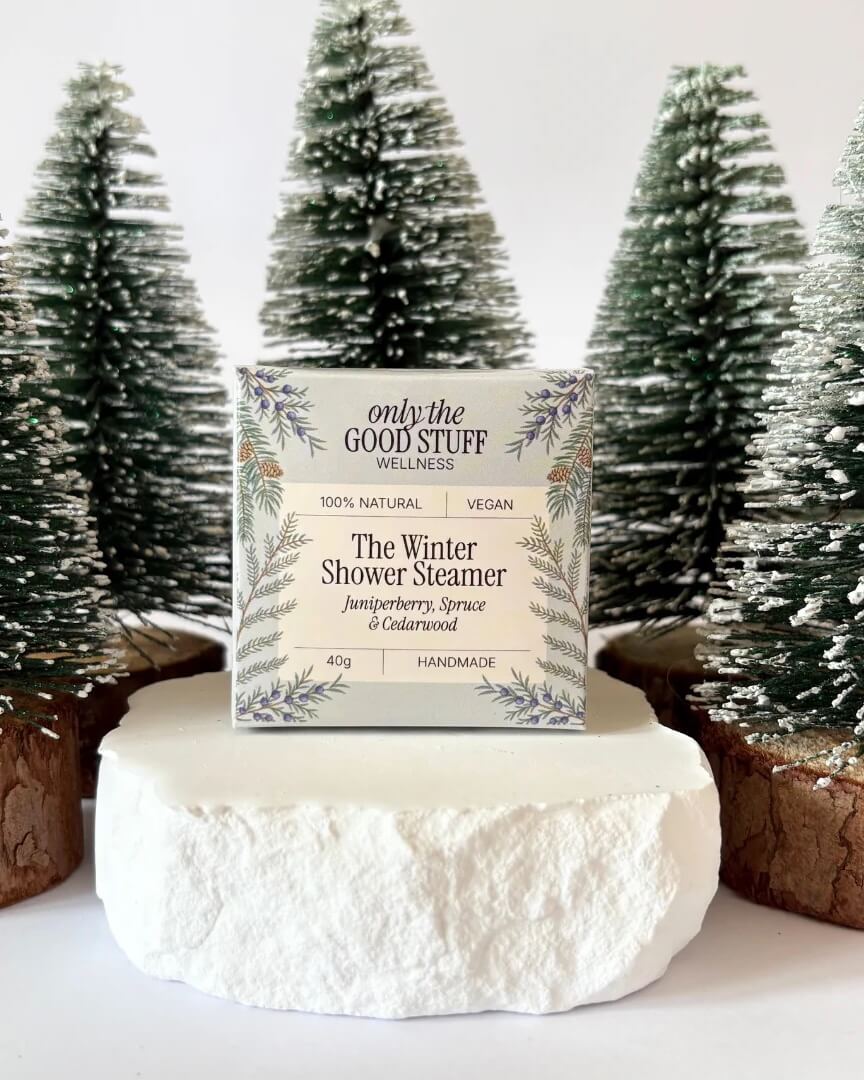 Handmade Winter Shower Steamer with juniperberry, spruce, and cedarwood essential oils in eco-friendly packaging.