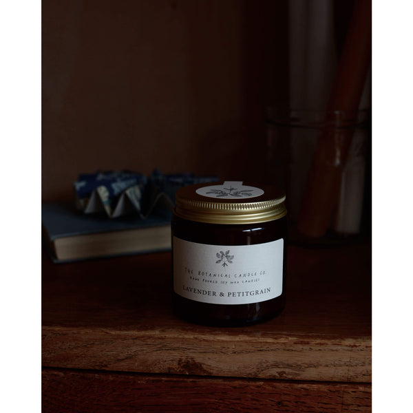 Lavender and Petitgrain scented soy wax candle by The Botanical Candle Co.