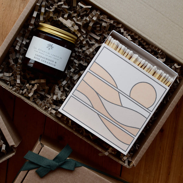Sandalwood and Rose Geranium scented candle by The Botanical candle co. Gift box with matches,