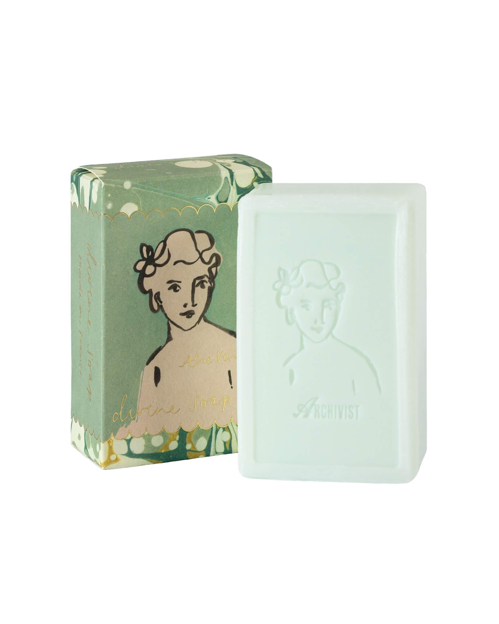 Bar of soap with a decorative packaging featuring an illustration on a white background