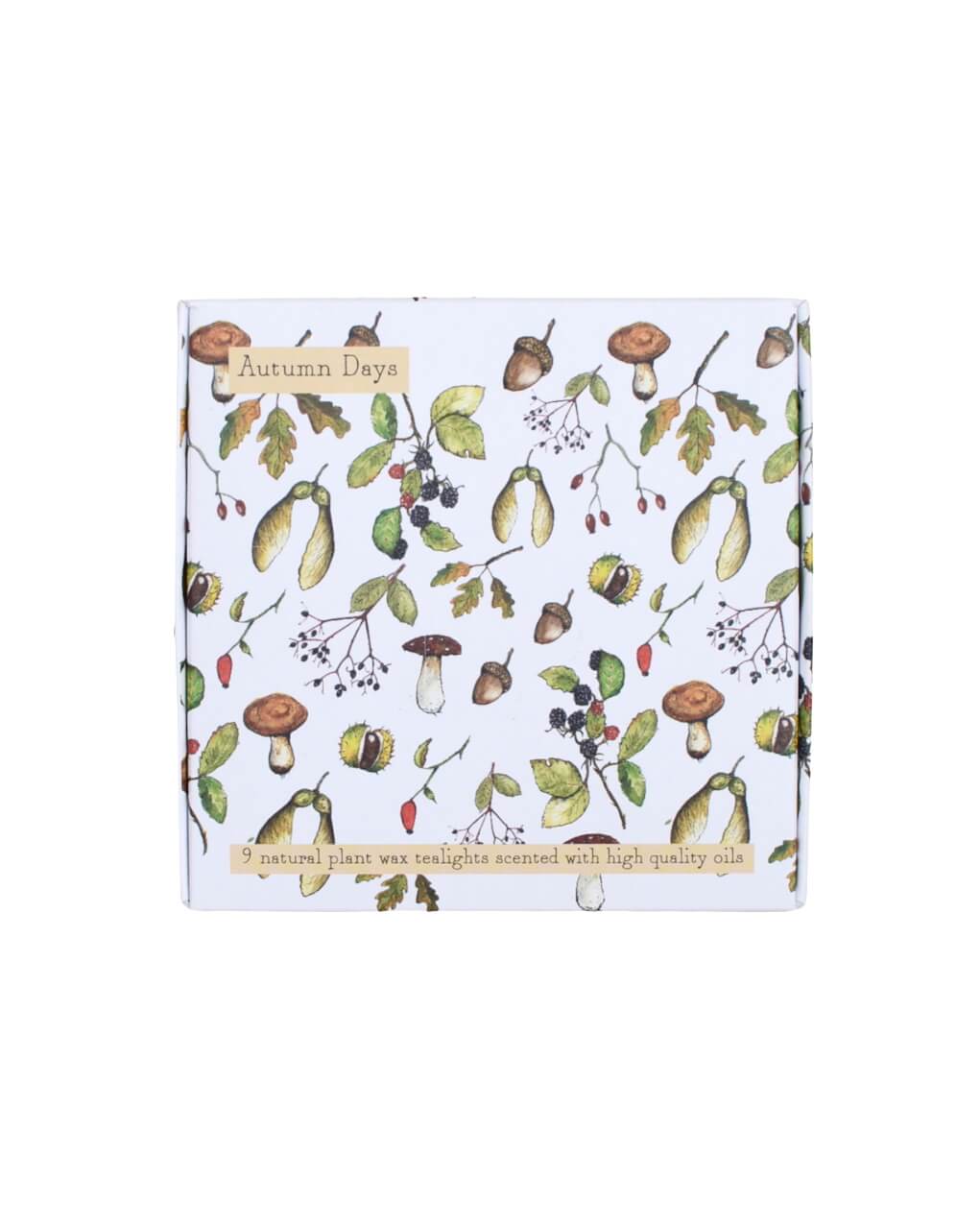 Pack of Autumn tea light candles with autumn-themed design on a white background