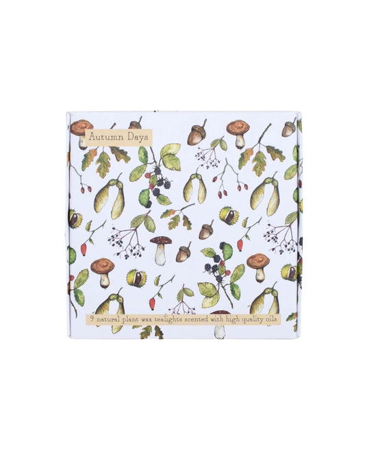 Pack of Autumn tea light candles with autumn-themed design on a white background