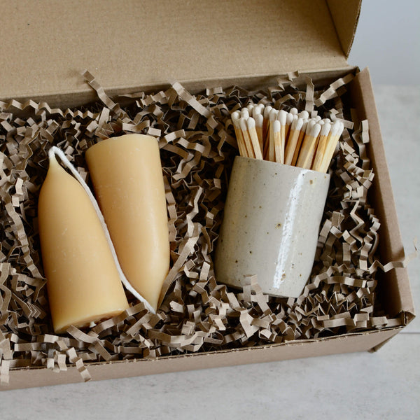 Beeswax candles and ceramic match pot gift box.