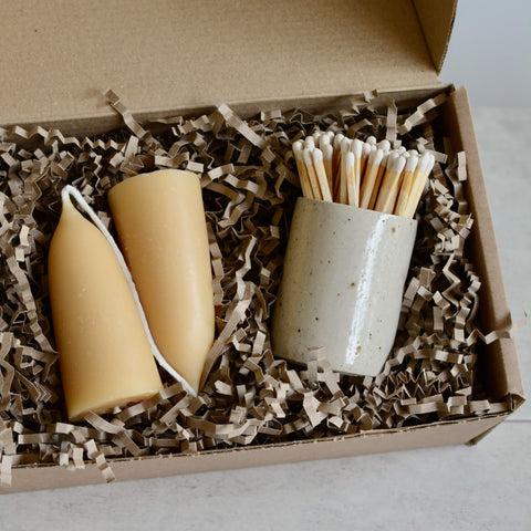 Beeswax candles and ceramic match pot gift box.