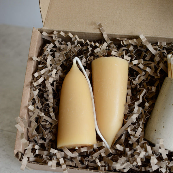 Beeswax candles and ceramic match pot gift box.
