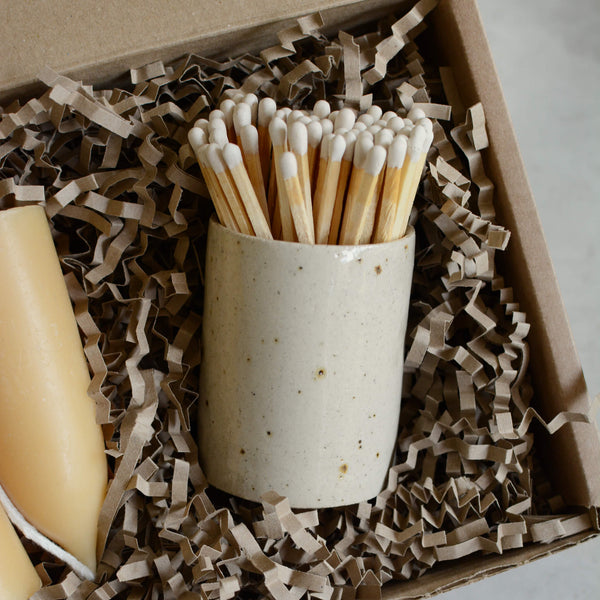 Beeswax candles and ceramic match pot gift box.