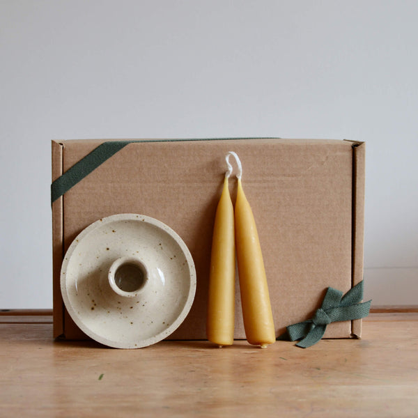 Beeswax taper candles and ceramic candle holder gift box.