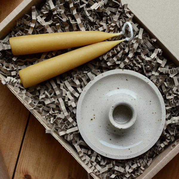 Beeswax taper candles and ceramic candle holder gift box.
