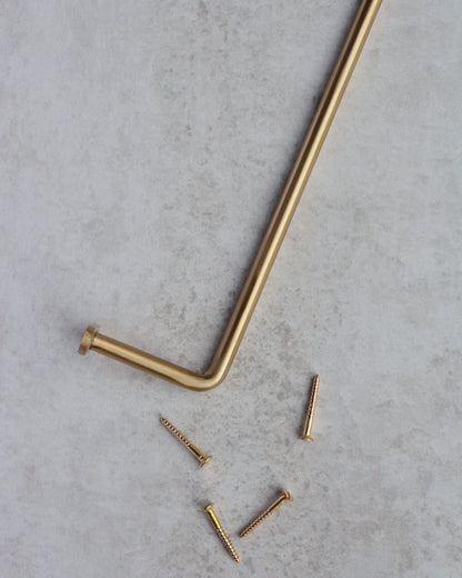 A solid brass wall-mounted hanging rail and screws.