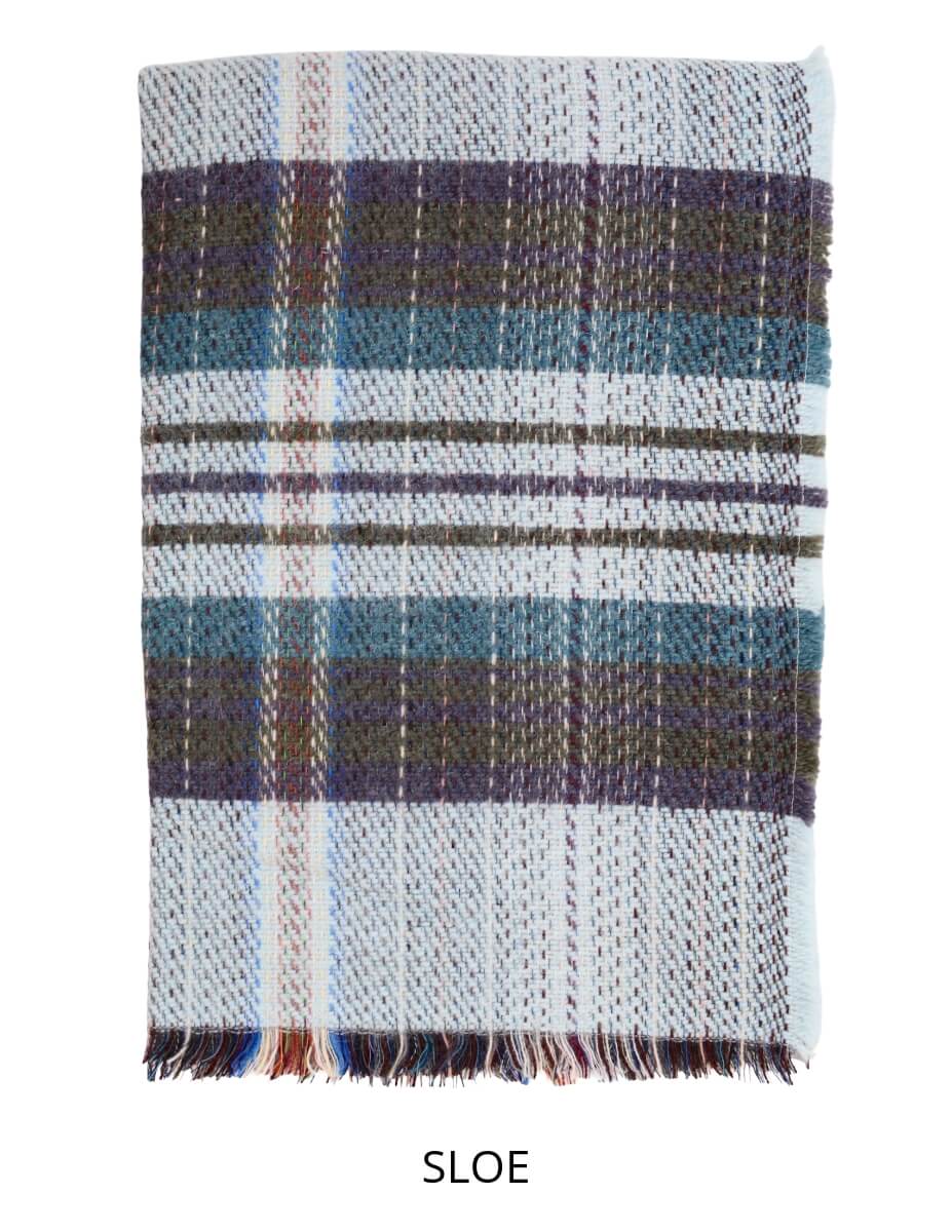 Plaid blanket with blue, green, and brown pattern on a white background