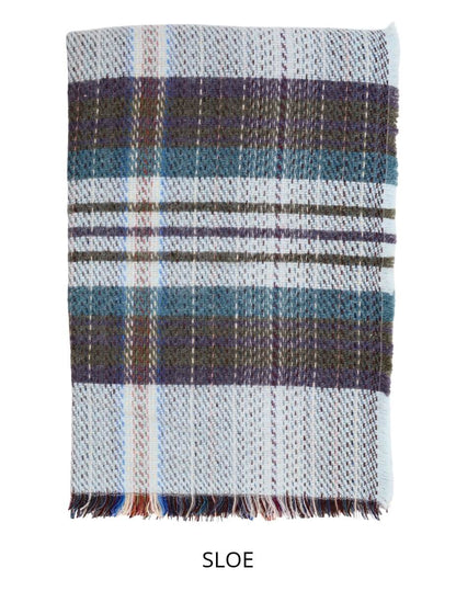 Plaid blanket with blue, green, and brown pattern on a white background