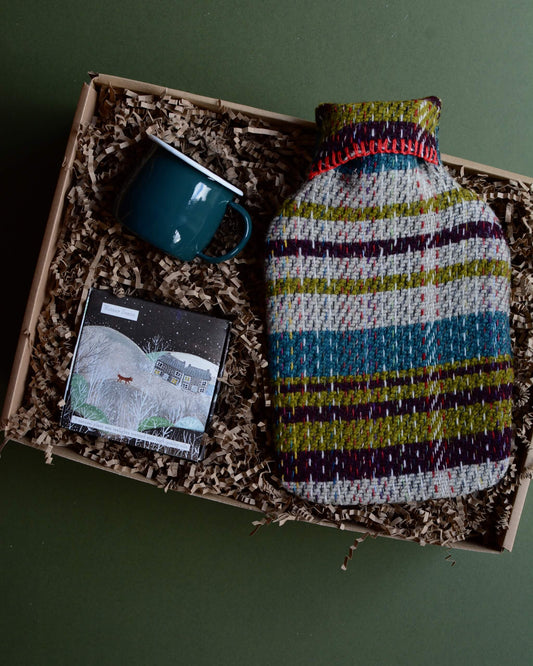A wool hot water bottle, green enamel mug, and box of tealights in a gift box, shown on a green background.