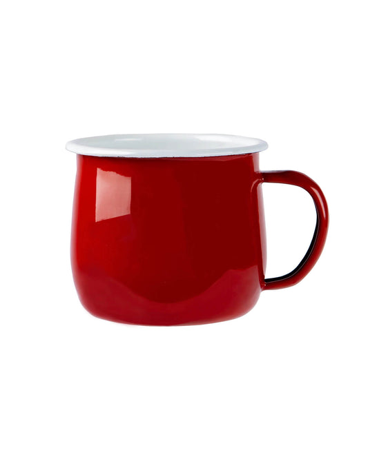 A deep red enamel mug with white interior, on a white background. 
