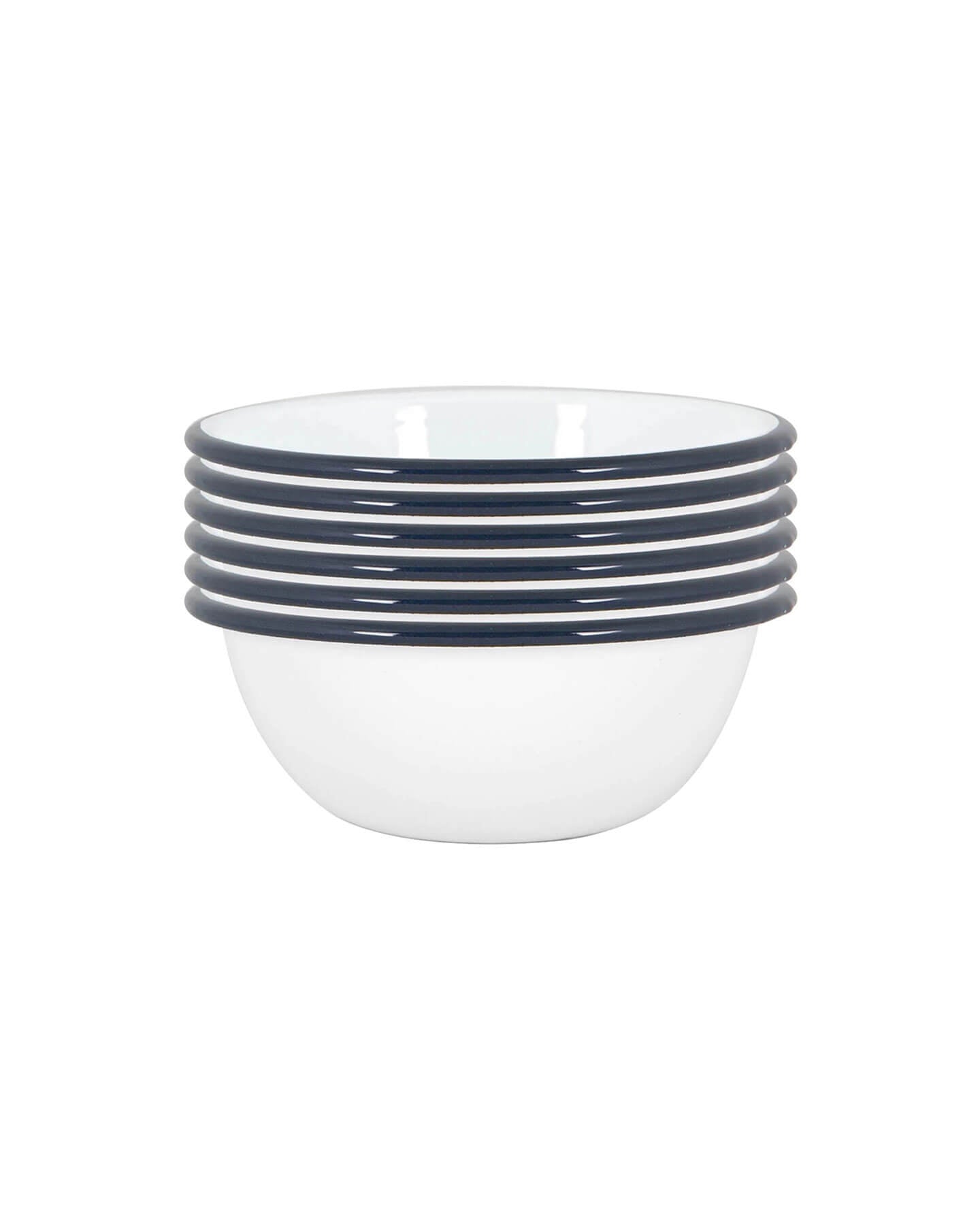 Set of 6 stacked white and navy enamel bowl on a white background.