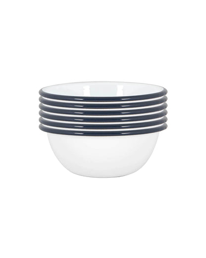 Set of 6 stacked white and navy enamel bowl on a white background.