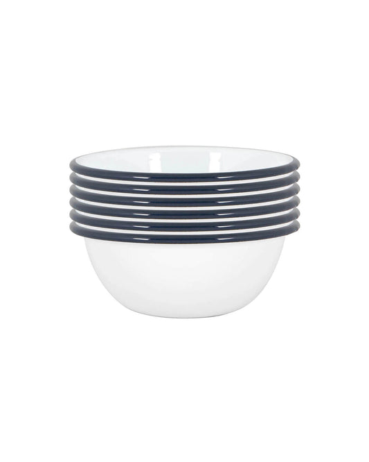 Set of 6 stacked white and navy enamel bowl on a white background.