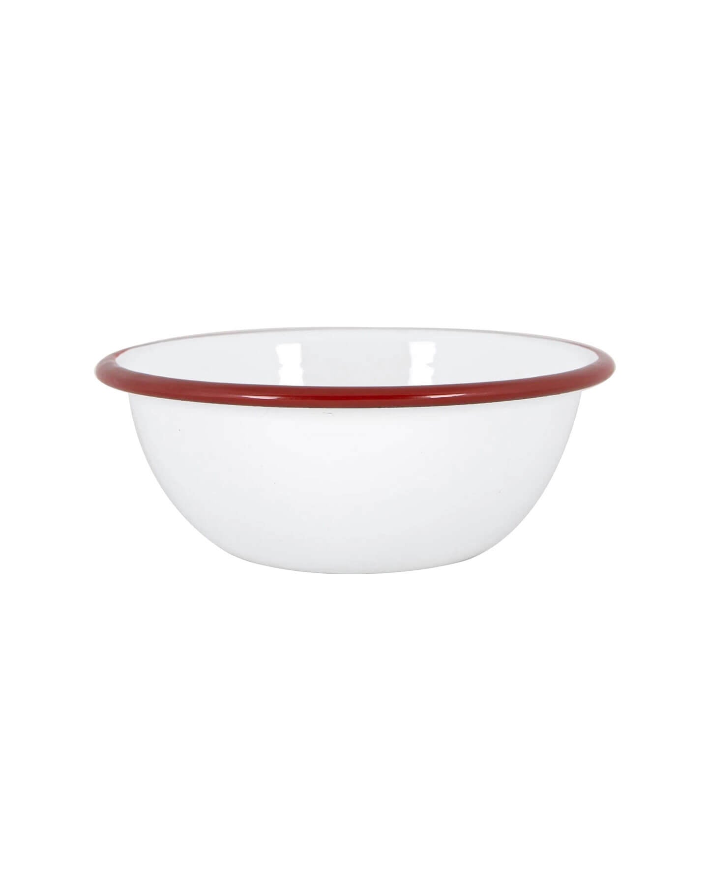 A white and red enamel bowl, on a white background. 