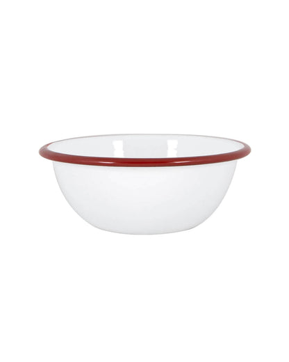 A white and red enamel bowl, on a white background. 
